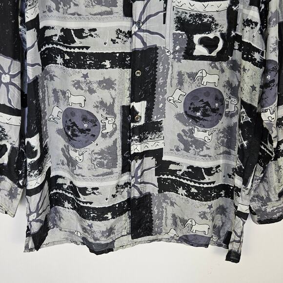 Vintage Mens Large Silk Button Up Gray Abstract Elephant Art Unique 80s Funky - Picture 5 of 12